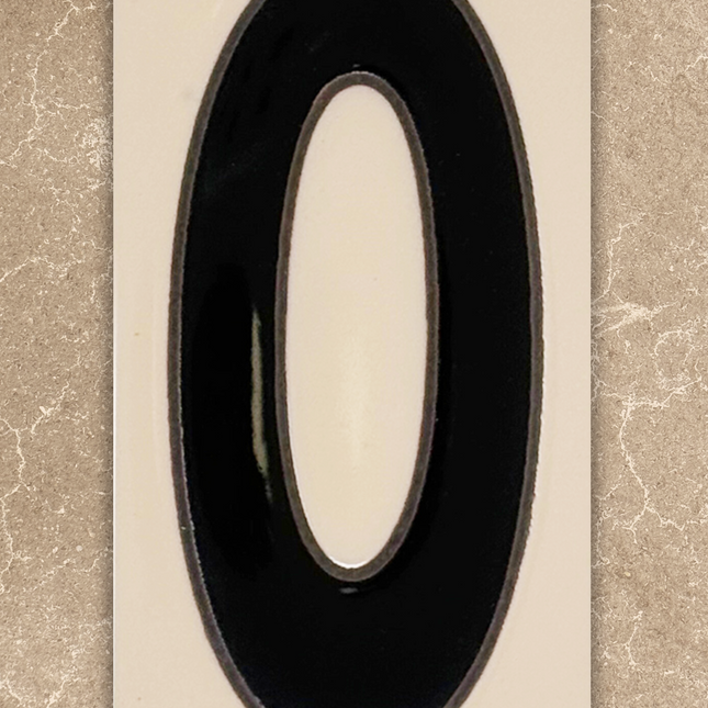 Black number '0' on a beige background