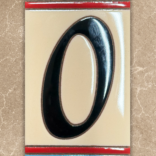 Decorative number '0' with a colorful border on a beige background