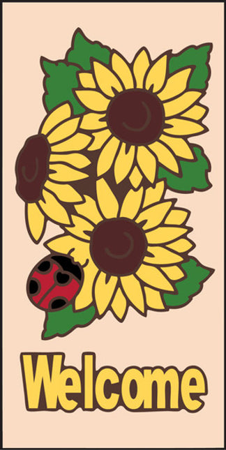 Decorative sign with sunflowers and a ladybug featuring the word 'Welcome' on a beige background.