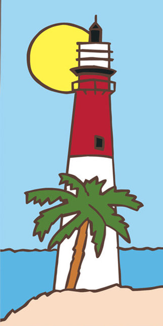 Cartoon lighthouse with a palm tree and sun on a blue background