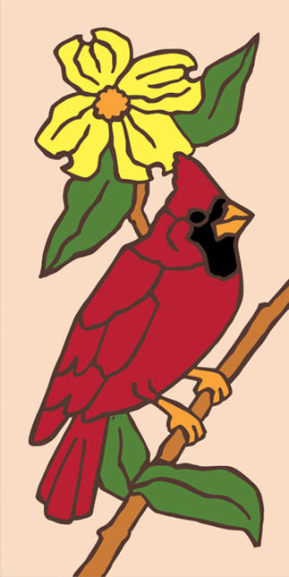 Red cardinal bird perched on a branch with a yellow flower and green leaves on a beige background