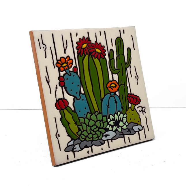Farmhouse Cactus Garden - Earthtones Tile - Ceramic tile house sign, wall art gift or kitchen trivet