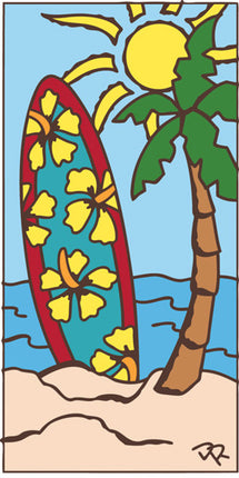 Surfboard with yellow flowers, palm tree, and sun on a blue sky background