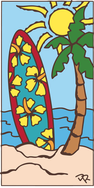 Surfboard with yellow flowers, palm tree, and sun on a blue sky background