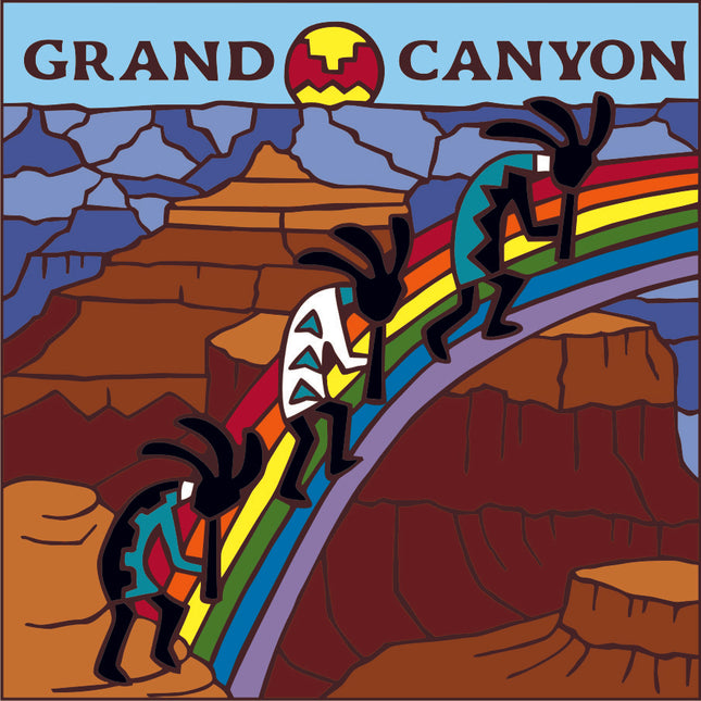 Colorful illustration of the Grand Canyon with Native American figures and a rainbow.