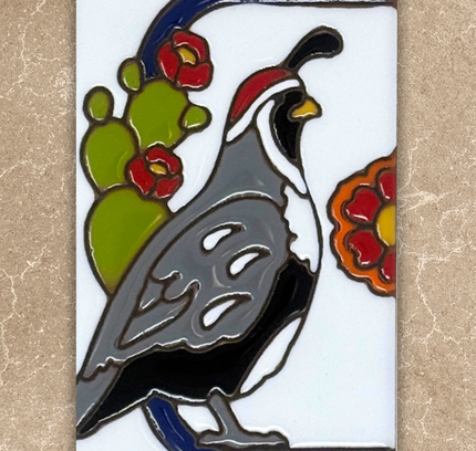 Decorative tile with a bird and floral design on a beige background