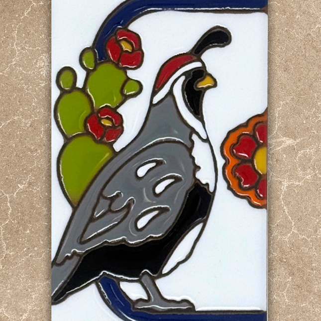 Decorative tile with a bird and floral design on a beige background