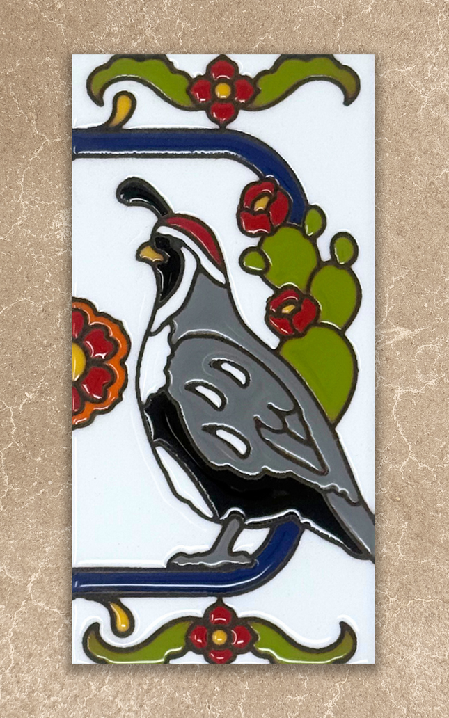 Decorative tile with a quail and cactus design on a beige background