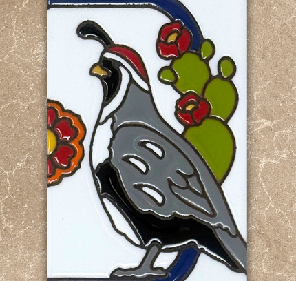 Decorative tile with a quail and cactus design on a beige background