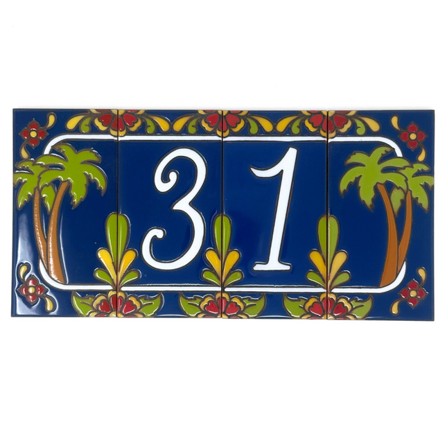 Blue Talavera Palm Tree End Cap Tile for Custom House Number Sign | Loose Ceramic Tile | Hand Glazed Tile | Address Sign