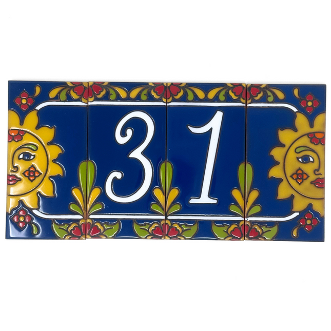 Blue Talavera Sun End Cap Tile for Custom House Number Sign | Loose Ceramic Tile | Hand Glazed Tile | Address Sign