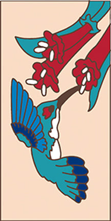 Decorative tile with a blue bird, red flowers, and white berries on a beige background