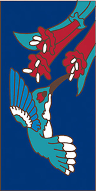 Colorful illustration of a hummingbird and flowers on a blue background