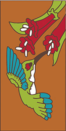 Colorful illustration of a hummingbird and flowers on an orange background