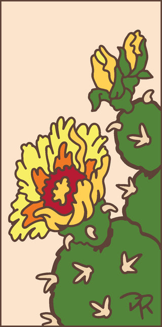Colorful ceramic tile of a cactus with flowers on a beige background