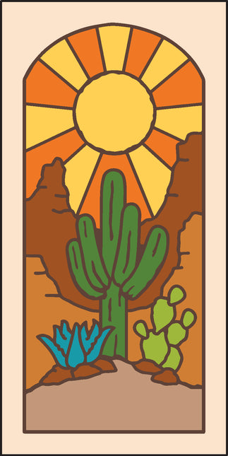 Desert scene with cacti and a sun, framed by a beige border on a ceramic tile