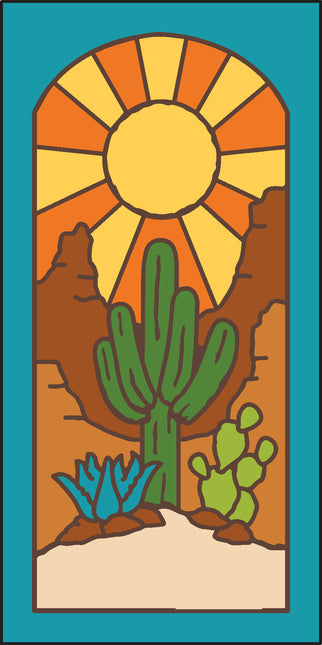 Desert scene with cacti and a sun, framed by a teal border on a ceramic tile