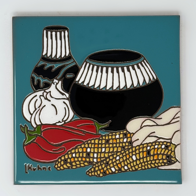 Painted Pottery with Maize and Chilis - Earthtones Tile - Ceramic tile house sign, wall art gift or kitchen trivet