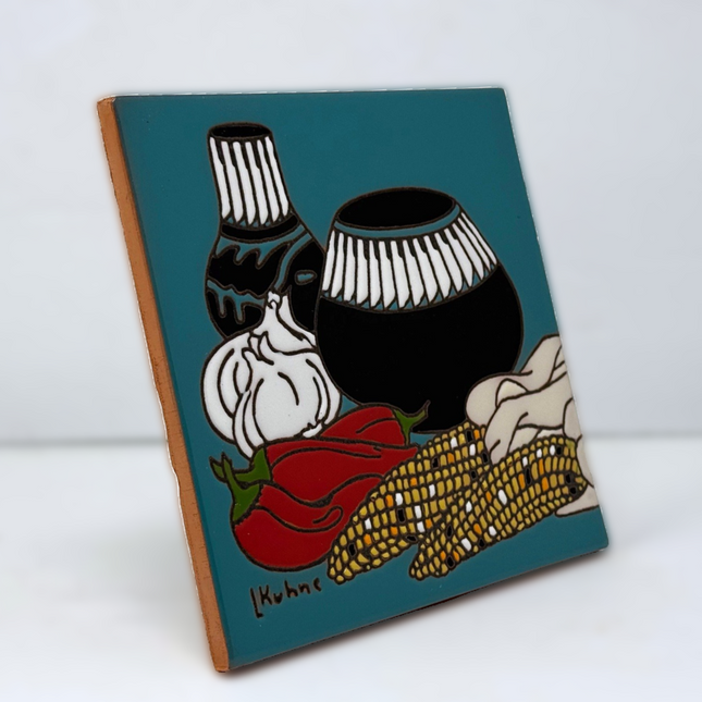 Painted Pottery with Maize and Chilis - Earthtones Tile - Ceramic tile house sign, wall art gift or kitchen trivet