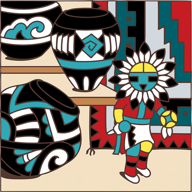 Pottery and Kachina - Ceramic Tile Trivet or Wall Art - Hand Glazed Arizona Desert Art Gift - L. Kuhne