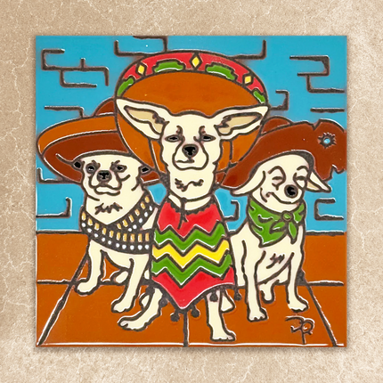 Decorative tile with a colorful illustration of three dogs wearing hats and traditional clothing on a blue and brown background.