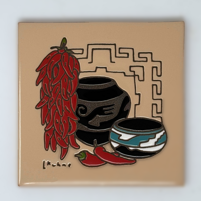 Chili Ristra and Pottery - Earthtones Tile - Ceramic tile house sign, wall art gift or kitchen trivet