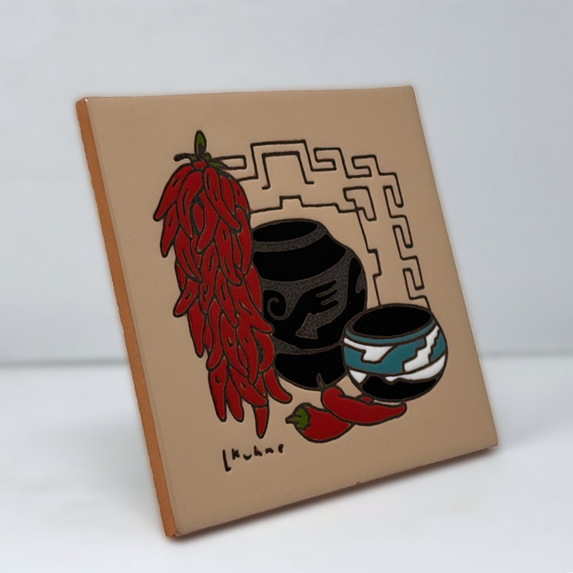 Chili Ristra and Pottery - Earthtones Tile - Ceramic tile house sign, wall art gift or kitchen trivet