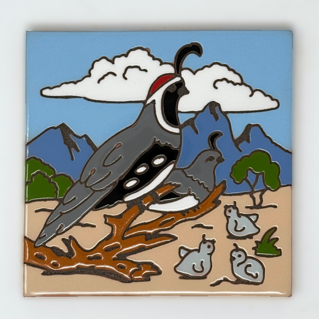 Quail & Chicks - Earthtones Tile - Ceramic tile house sign, wall art gift or kitchen trivet