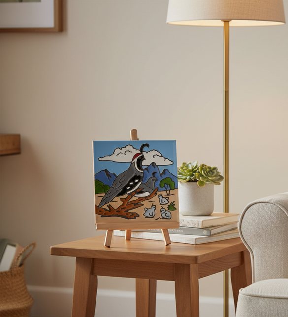 ceramic tile with a desert scene featuring a bird on a branch, with mountains and clouds in the background.