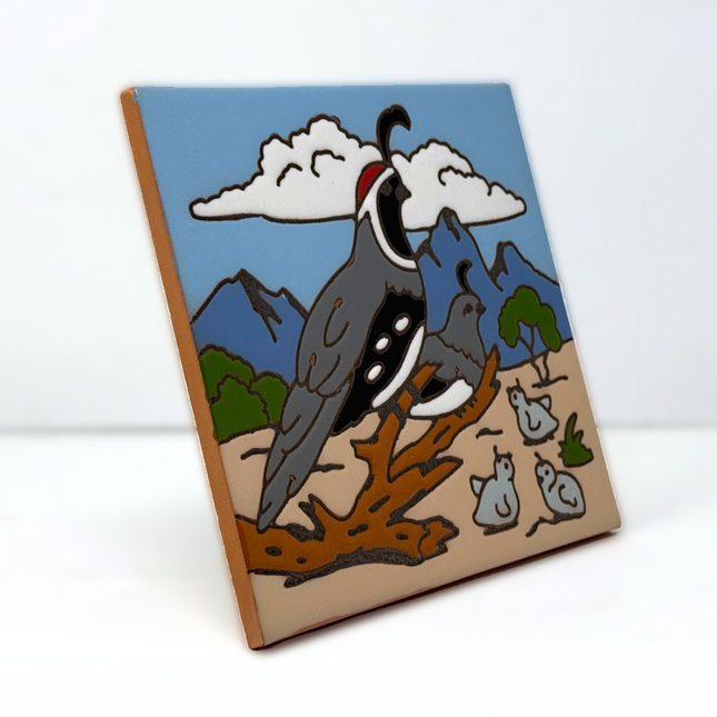 Quail & Chicks - Earthtones Tile - Ceramic tile house sign, wall art gift or kitchen trivet