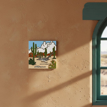 Illustration of a desert scene with cacti, a bird, and flowers on a beige background.