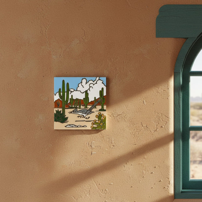 Illustration of a desert scene with cacti, a bird, and flowers on a beige background.