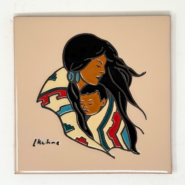 Firstborn - Ceramic Tile Trivet or Wall Art - Hand Glazed Arizona Desert Art Gift - L. Kuhne Native American mother and child