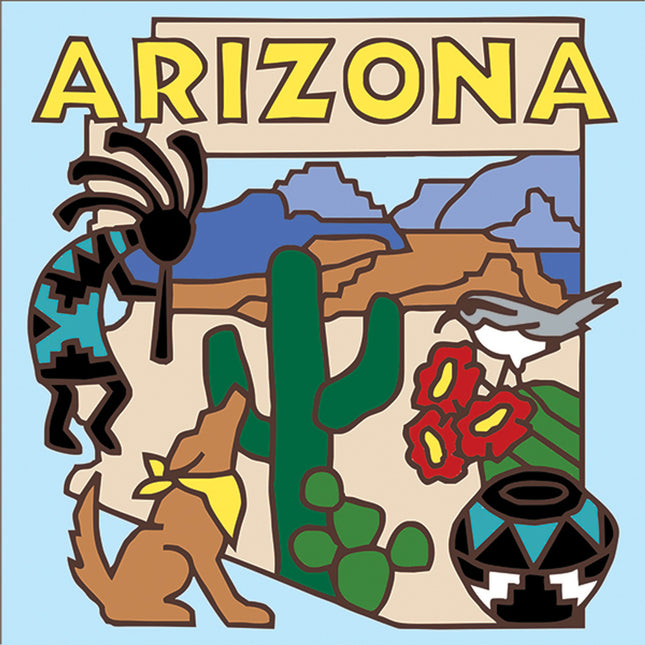 Arizona ceramic tile trivet gift with saguaro cactus, coyote, cactus wren, kokopelli
