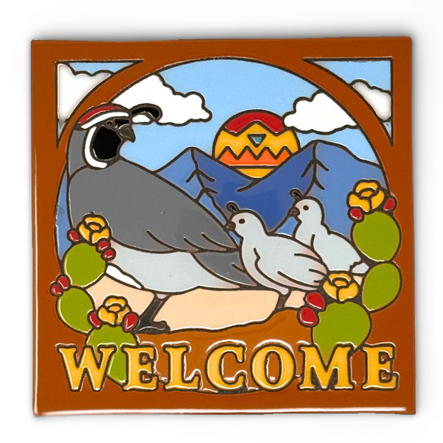 Welcome sign with Quail and Prickly Pear cactus -  Ceramic Tile Welcome Plaque