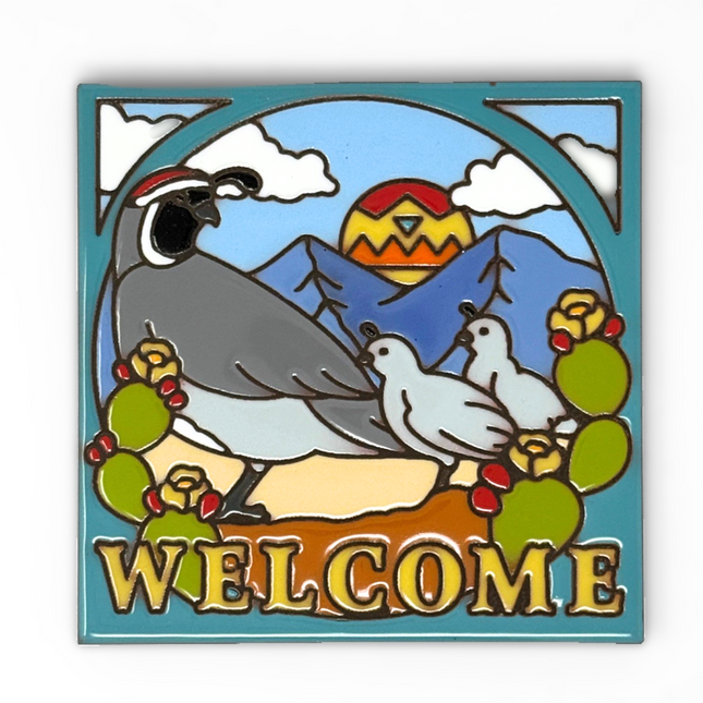 Welcome sign with Quail and Prickly Pear cactus -  Ceramic Tile Welcome Plaque