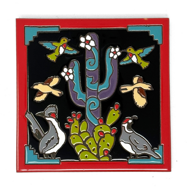 Cactus and Birds - Earthtones Tile - Ceramic tile house sign, wall art gift or kitchen trivet