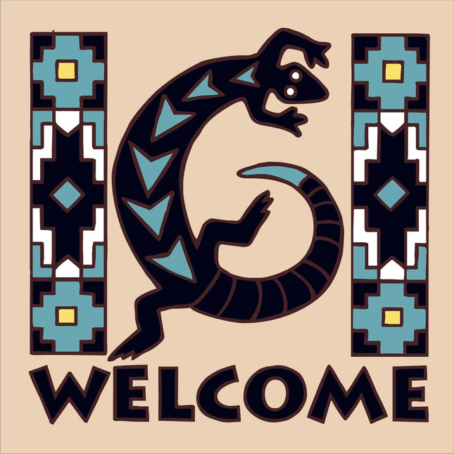 Decorative 'Welcome' sign with a lizard design and geometric patterns on a beige background, Gecko./ Lizard Welcome Tile Sign | Reptile Art Gift | Ceramic Tile Trivet | Desert Wall Decor