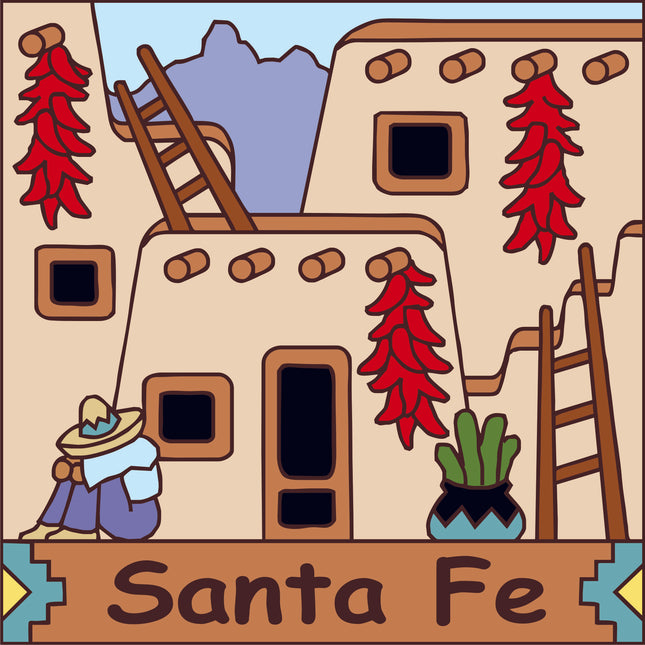 Illustration of a Santa Fe-style house with red chili peppers and a ladder, featuring the word 'Santa Fe'.
