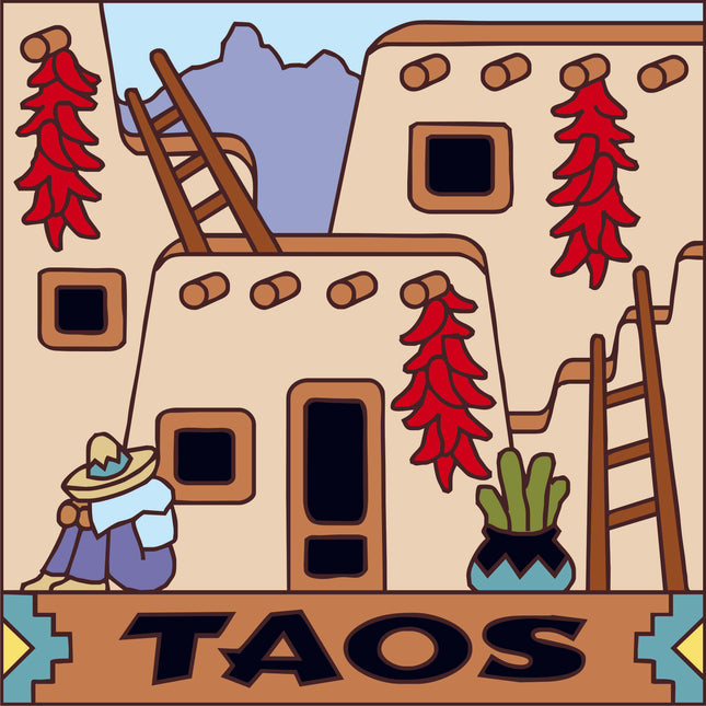 Illustration of a traditional Taos Pueblo with a person in a sombrero, red chili peppers, and ladders.