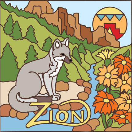 Cartoon wolf sitting on rocks with 'Zion' branding, surrounded by nature elements.