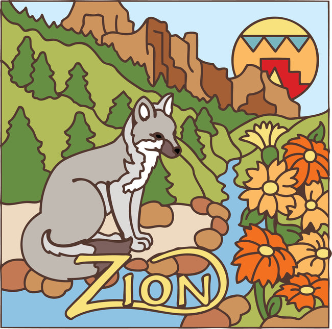 Cartoon wolf sitting on rocks with 'Zion' branding, surrounded by nature elements.