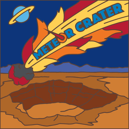 Cartoon illustration of a meteor crashing into the ground with a crater, labeled 'Meteor Crater'.