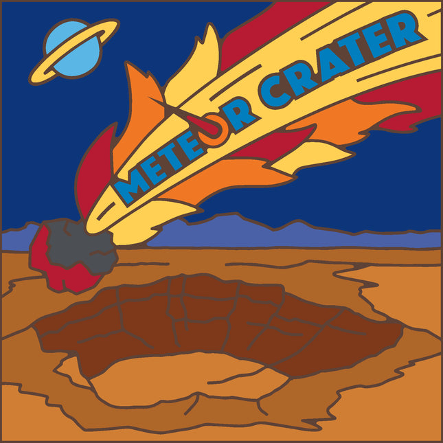 Cartoon illustration of a meteor crashing into the ground with a crater, labeled 'Meteor Crater'.
