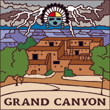 Illustration of a Native American headdress with a mountain and buildings in the background, labeled 'Grand Canyon'. Grand Canyon Tawa God Tile | Ceramic Art Trivet | Southwest Gift | Arizona Landscape Art