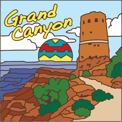 Colorful illustration of the Grand Canyon with a tower and geometric sun. Grand Canyon Watchtower Tile | Ceramic Art Trivet | Southwest Gift | Arizona Landscape Art