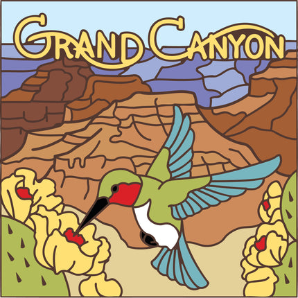 Illustration of the Grand Canyon with a hummingbird and cacti, Grand Canyon Hummingbird Tile | Ceramic Art Trivet | Southwest Gift | Arizona Bird Art