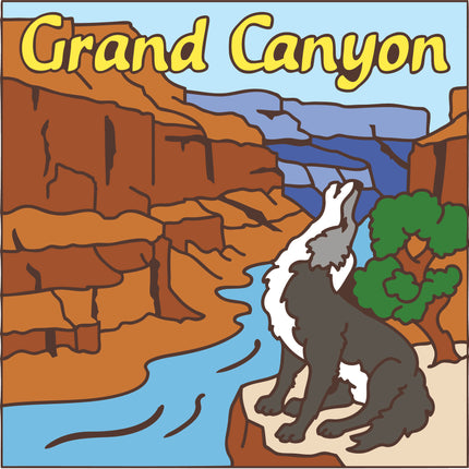 Illustration of the Grand Canyon with a coyote and tree, ceramic tile design