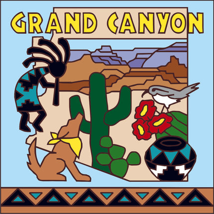 Illustration of the Grand Canyon with Native American elements, cactus, and flowers.