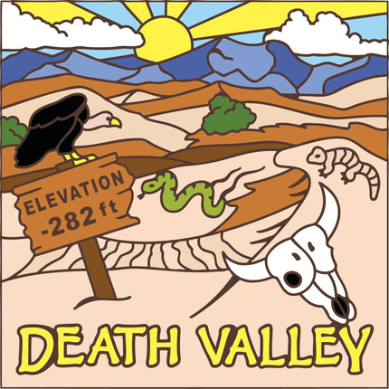 Cartoon illustration of Death Valley with a sign indicating elevation and desert landscape.